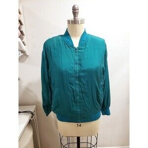 Vtg 90s Casual Corner Emerald Green Silk Bomber Windbreaker Jacket Size Large